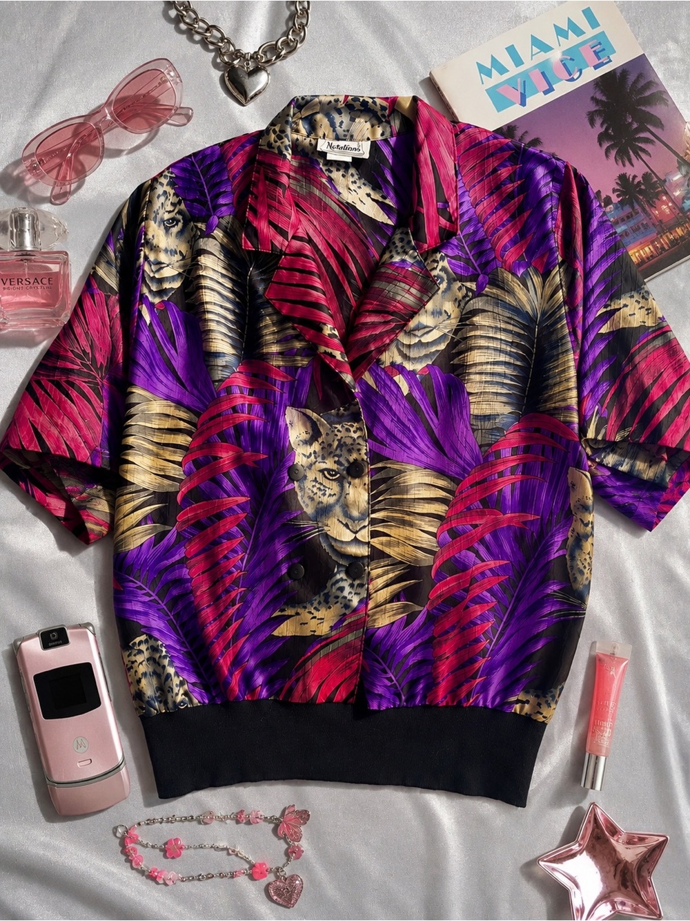 Vintage Leopard Tropical Blouse Purple Pink Jungle Print Shoulder Pad Top